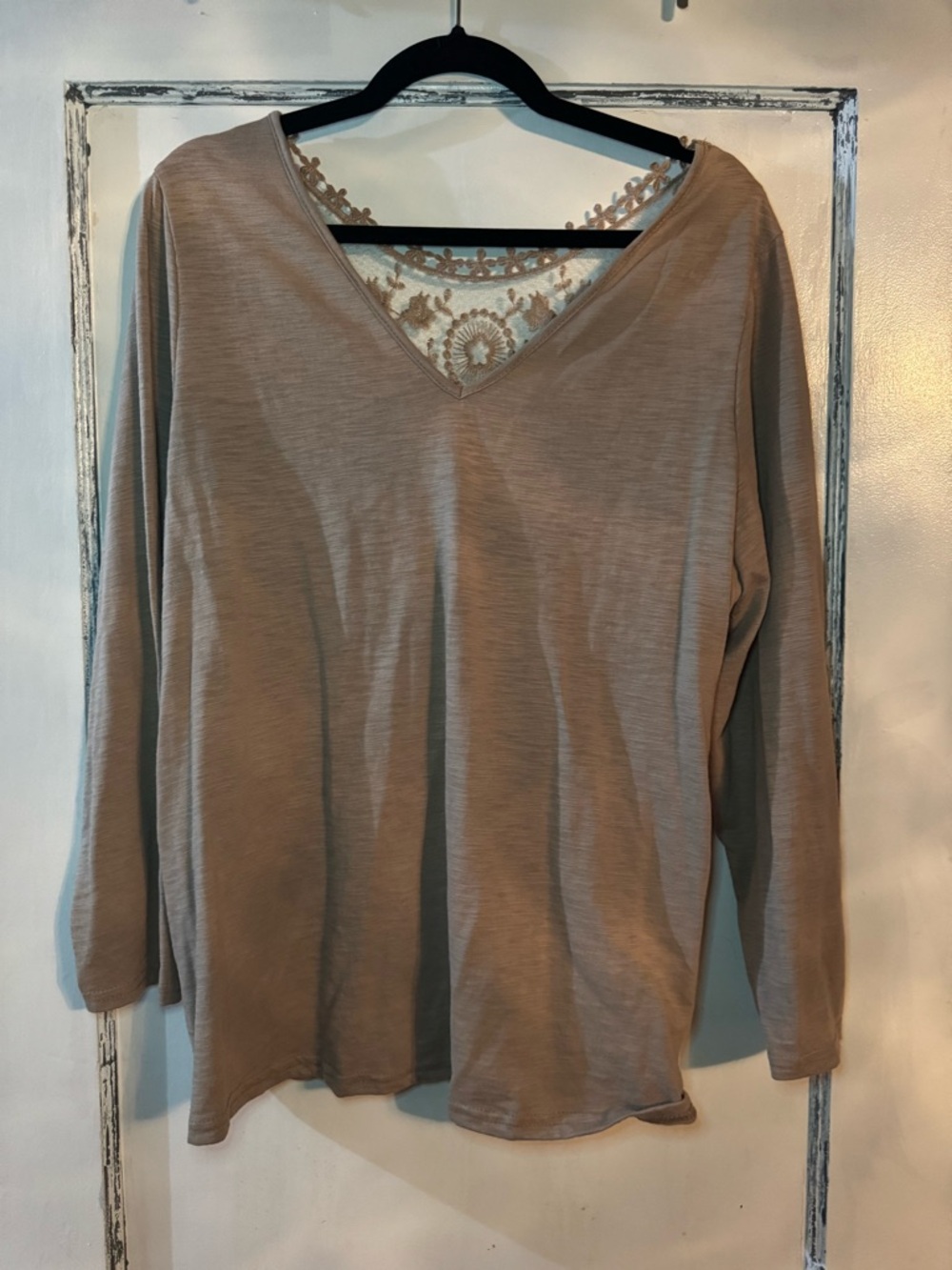 BloomChic Taupe V-Neck Long Sleeve Top with Lace Yoke